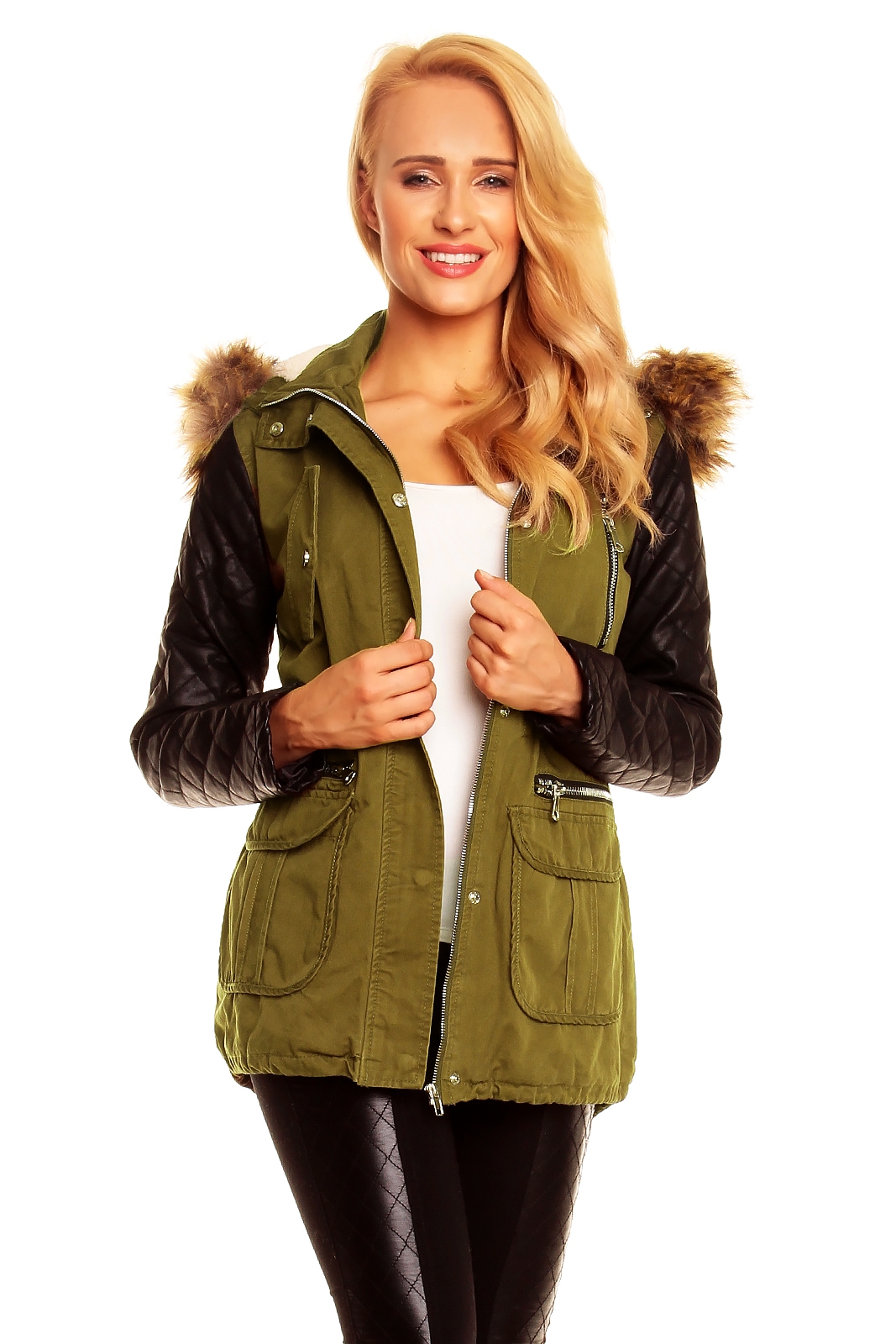 Damen Jacke mit Lederärmeln khaki, beige und schwarz Damen Jacke mit Lederärmeln khaki, beige und schwarz